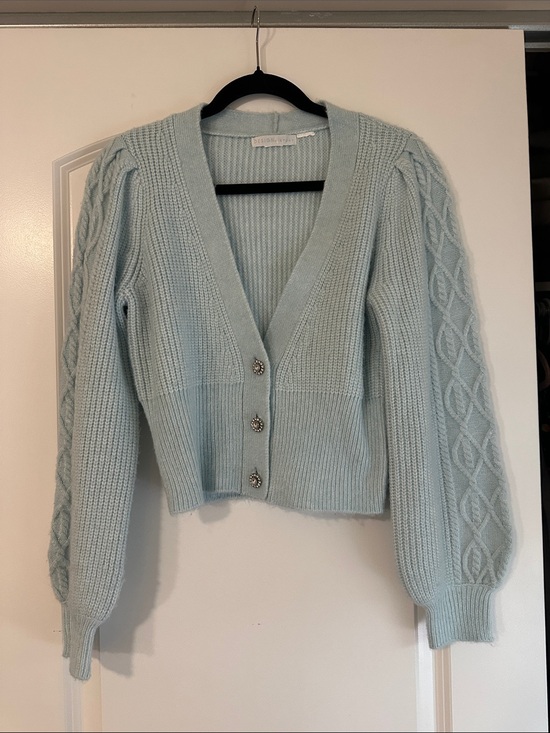 Design History Sweaters - Design History Pale Blue Cropped Cable-Sleeve Cardigan